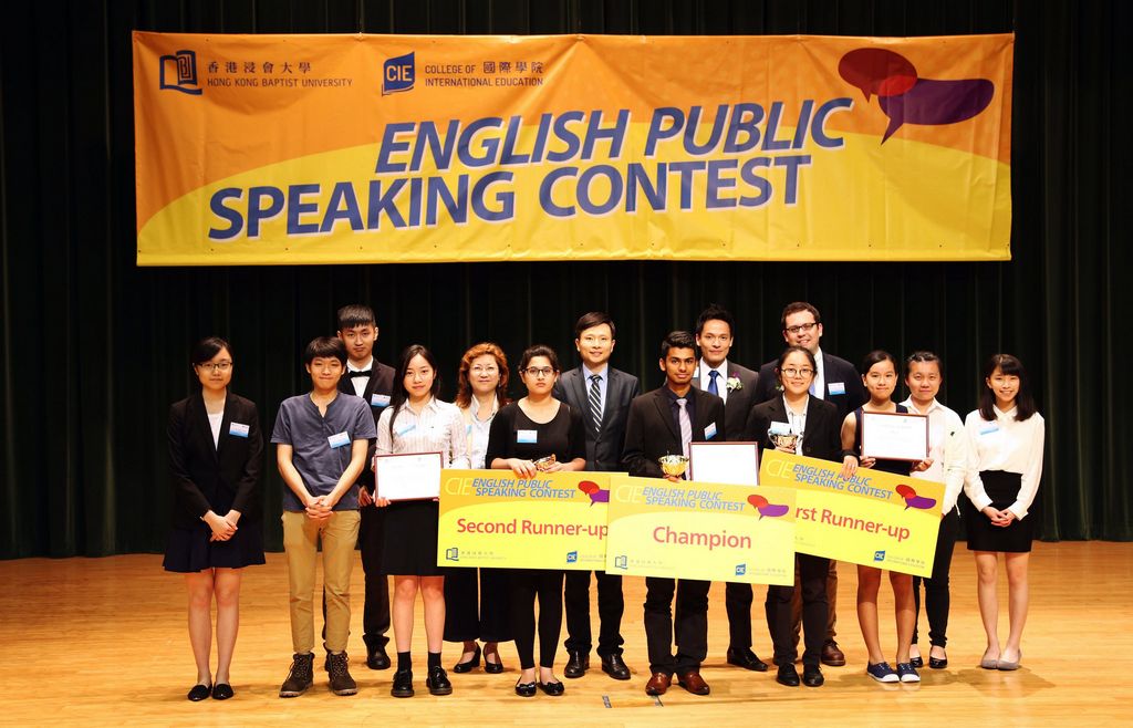 (Back row) Mr. Desmond So, Founder of East-West Institute of Applied Etiquette (2nd from right,), Dr. Sam Lau, Director of  CIE (middle), Dr. Vicky Lee, Associate Head of CIE(2nd from left), Dr. Lucas Scripter, Lecturer of CIE (far right) and the winners.