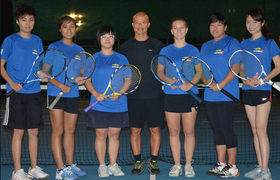 Female student tennis team scoops a gold medal at inter-university tournament for a second time (from left) Ma Shiu-kwan, Angela Lau, Chan Long-yan, coach Chui Wai-kei, Merel Wallis de Vries, Ki Yan-tung, Tang Po-ying