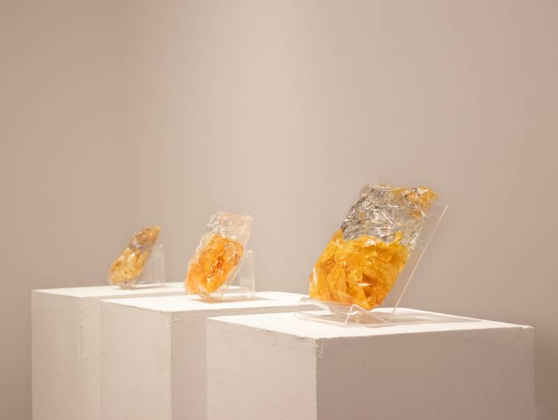 Ko Oi To’s award winning work “% slack fill” was created by evacuating the photo chips packaging bought in supermarket and filling the vacuumed space with transparent materials. By observing the actual size of the product, Ko thought about the tussle between consumers and manufacturers. 