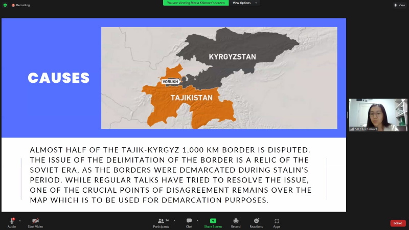 Student from Yessenov University gave a presentation on how Kyrgyzstan-Tajikistan border clashes disrupt the intra-regional cooperation amongst the Central Asian states.
